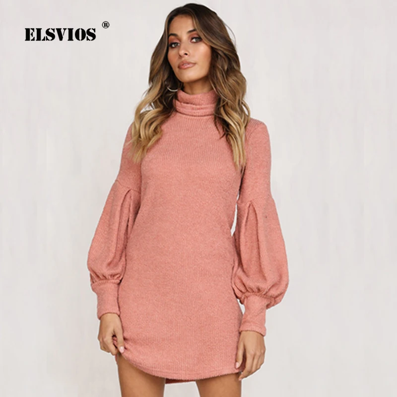 ELSVIOS Winter Turtleneck Knitting Mini Dress women long puff sleeve