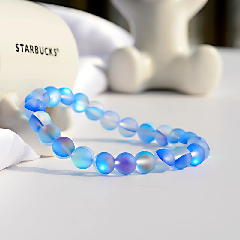 

Trendy Fashion Women Blue Elastic Beaded Bracelet Classic Glitter Moon Stone Charm Couple Lover Bracelets & Bangles For Men