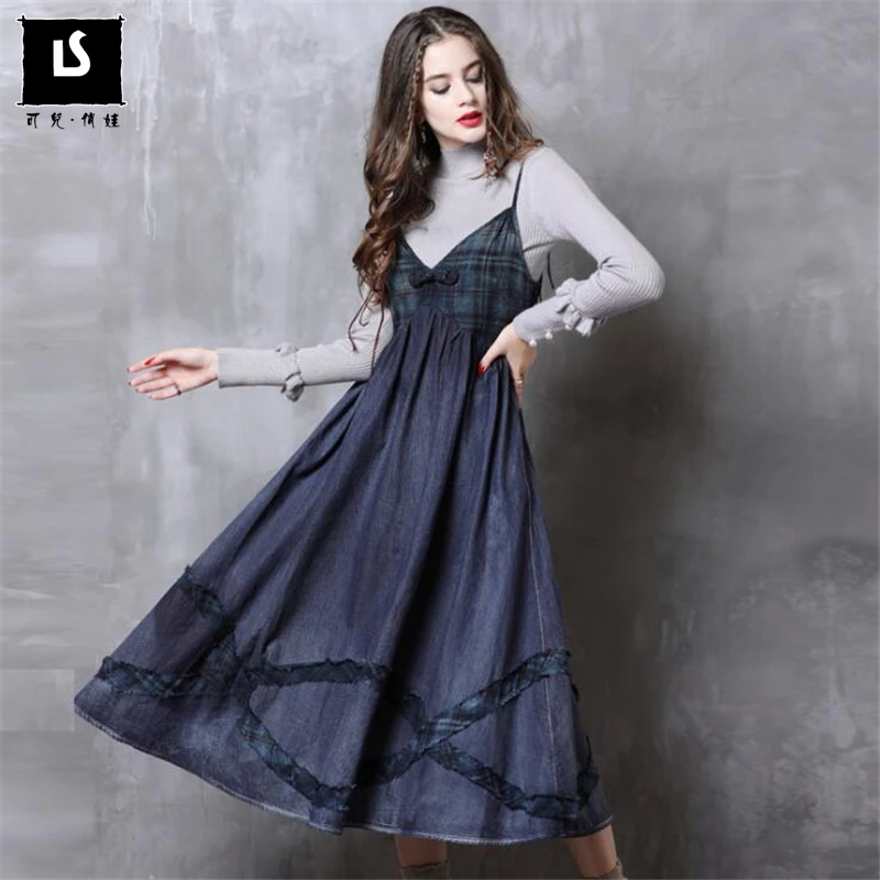 

Vintage Dress Women 2018 New Autumn Sexy Sleeveless Sling Denim long Dresses Swing Hem Linen Patchwork Pocket Vestidos Plus size