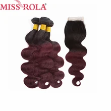 Miss Rola Hair Peruvian Body Wave Hair Weaving 3 Bundles With Closure T1B 99J Color 100