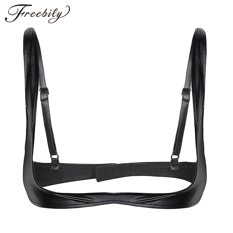 Sexy Women's Exposed Breasts Nipples Bra Lingerie Fashion Faux Leather Adjustable Wire-free Open Cup Shelf Bra Nightclub Wear Sexy Women's Exposed Breasts Nipples Bra Lingerie Fashion Faux Leather Adjustable Wire-free Open Cup Shelf Bra Nightclub Wear