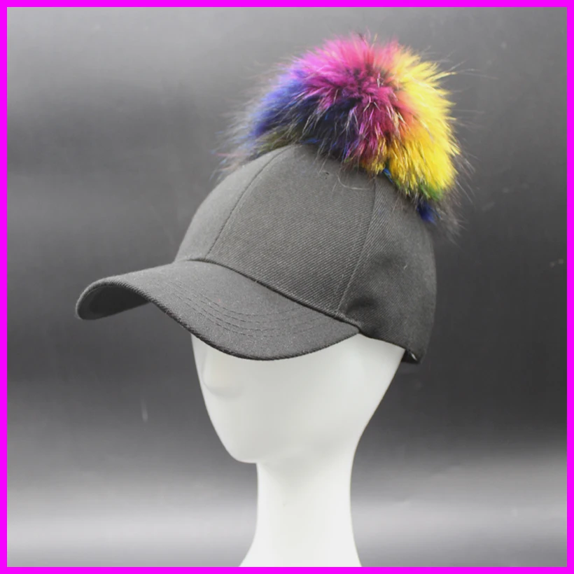 Women Luxury Brand Designer Baseball Caps 100 Real Raccoon Fur Pompom
