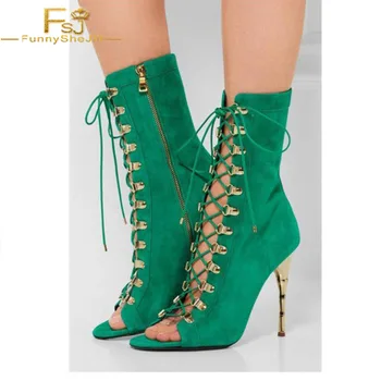 

FSJ Solid Green Lace Up Women Boots Polyurethane Spring, Autumn Party, Date Stiletto Super High Thin Heels Mid-calf Booties