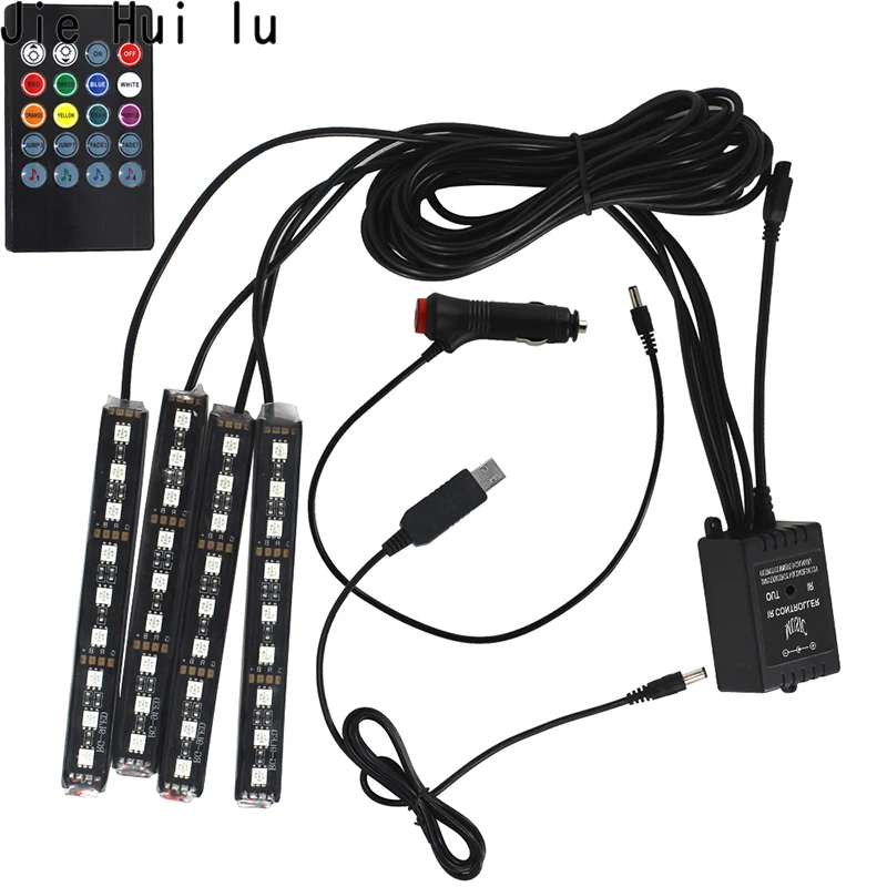 

Car RGB LED Strips SMD 5050 10W Interior Decorative Atmosphere Strip Auto Pathway Floor Light Remote Control Music Voice Sound