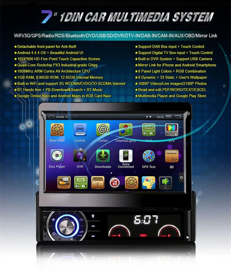 Sale APRICOTCAR 4.4 Quad-core 7 Inch 1din For Universal Android 4.4 Car DVD  Multimedia Player Built-in  WIFI Internet Access FM USB 7