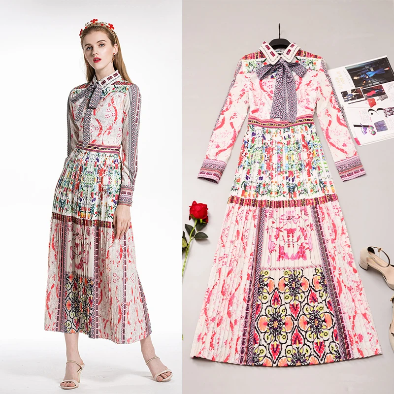 

Plus Size XXXL Summer Women Long Dresses High Quality Bow Collar Flower Printed Prairie Chic Sweet Runway Pleated Dress
