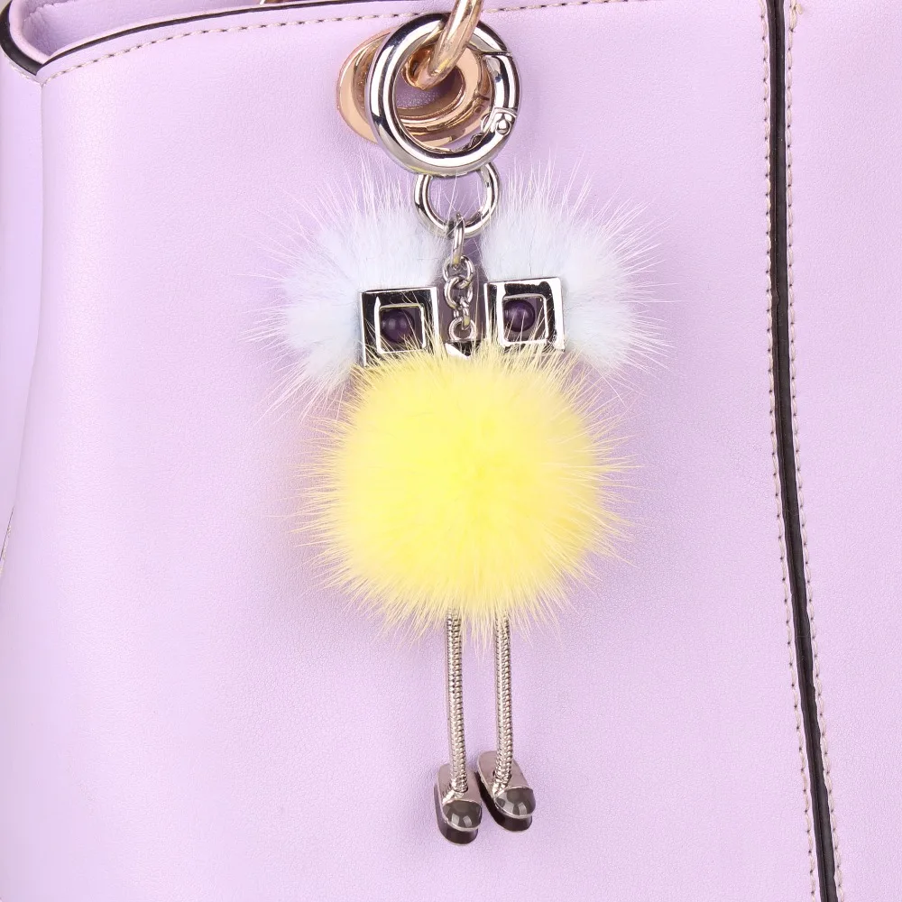 Настоящий норковый мех Pom Chick робот ключ кошелек ключ сумка с монстром Шарм милый Серебряный Робот Роскошный кулон из натурального меха кролика