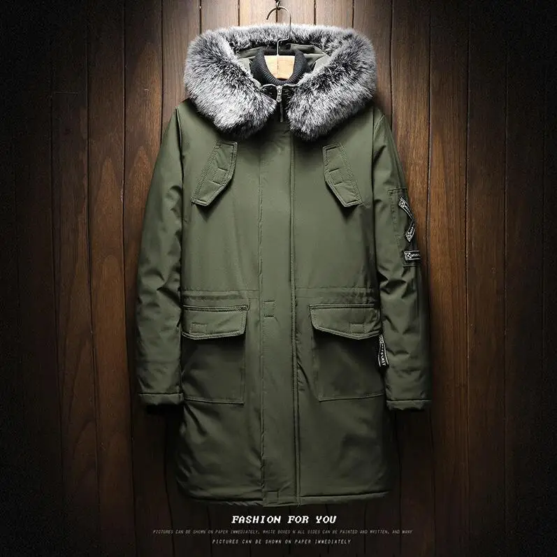 

Fashion Casual Thick Warm Long Winter Jacket Men Fur Collar Slimming Hooded Printed Parkas Jacket Coat Street Work Large Size