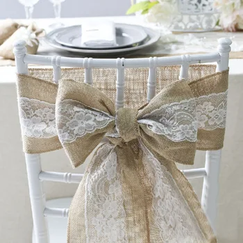 

100pcs 15*240cm Naturally Elegant Burlap Lace Chair Sashes Jute Chair Tie Bow For Rustic Wedding Party Event Decoration