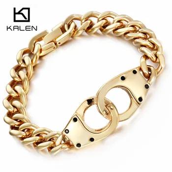 

Kalen Men's China Gold Color Handcuff Charm Link Chain Bracelets 22cm Stainless Steel Handcuff Male Hand Chain Bracelets Bangles