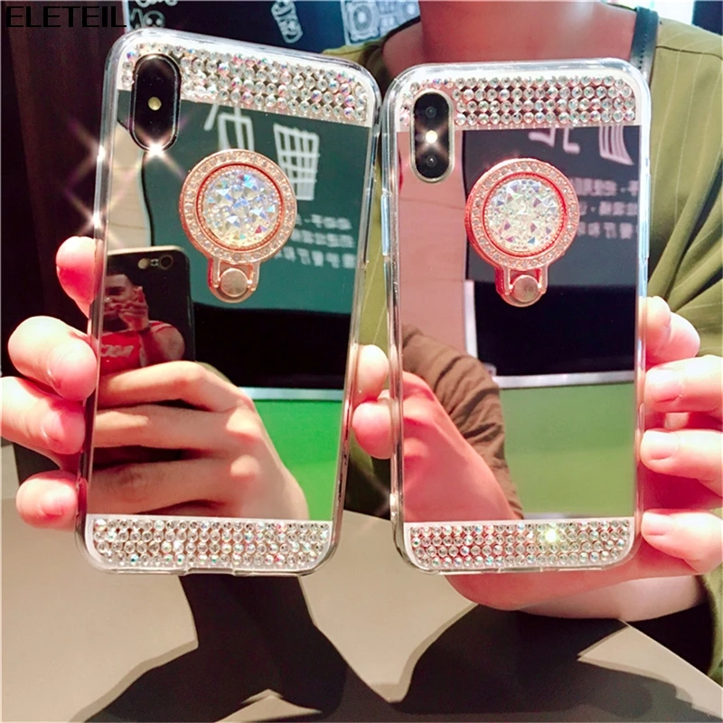 

Diamond Soft TPU Crystal Rhinestone Glitter Mirror Phone Case For iPhone x xs xr xs max 6 6s 7 8 plus with Ring Holder Stand A30