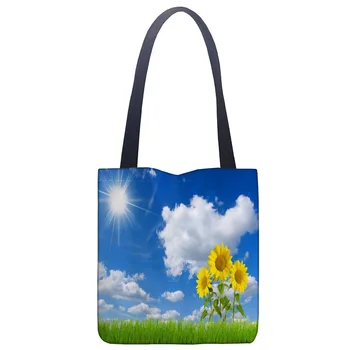 

Blue Sky Tote Bag Foldable Shopping Bag Reusable Eco Large Unisex Canvas Fabric Shoulder Bags Tote Grocery Cloth Bags Pouch