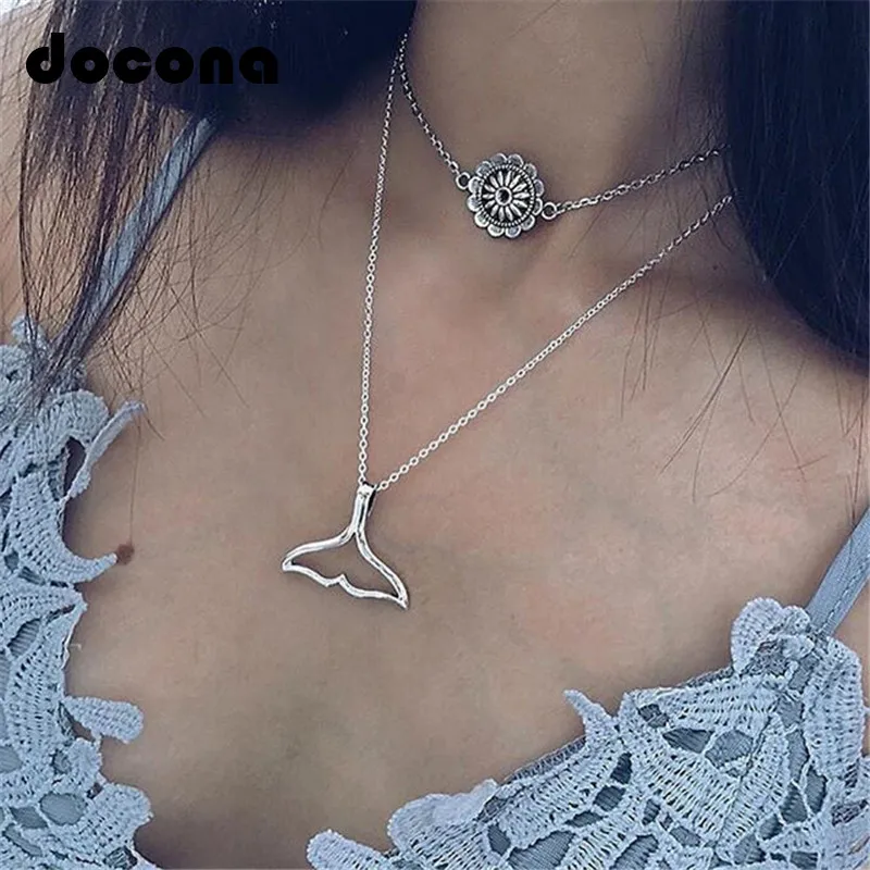 

Docona Bohemian Silver Color Mermaid Tail Flower Pendant Necklace for Women Metal Chains Charms Layered Necklaces Collar 5365