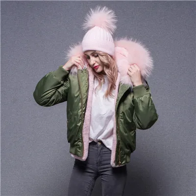 Женская куртка-бомбер, зимняя, настоящая отделка мехом енота, модная, горячая Распродажа, пальто, толстое, теплое, меховое, короткое пальто - Цвет: light pink