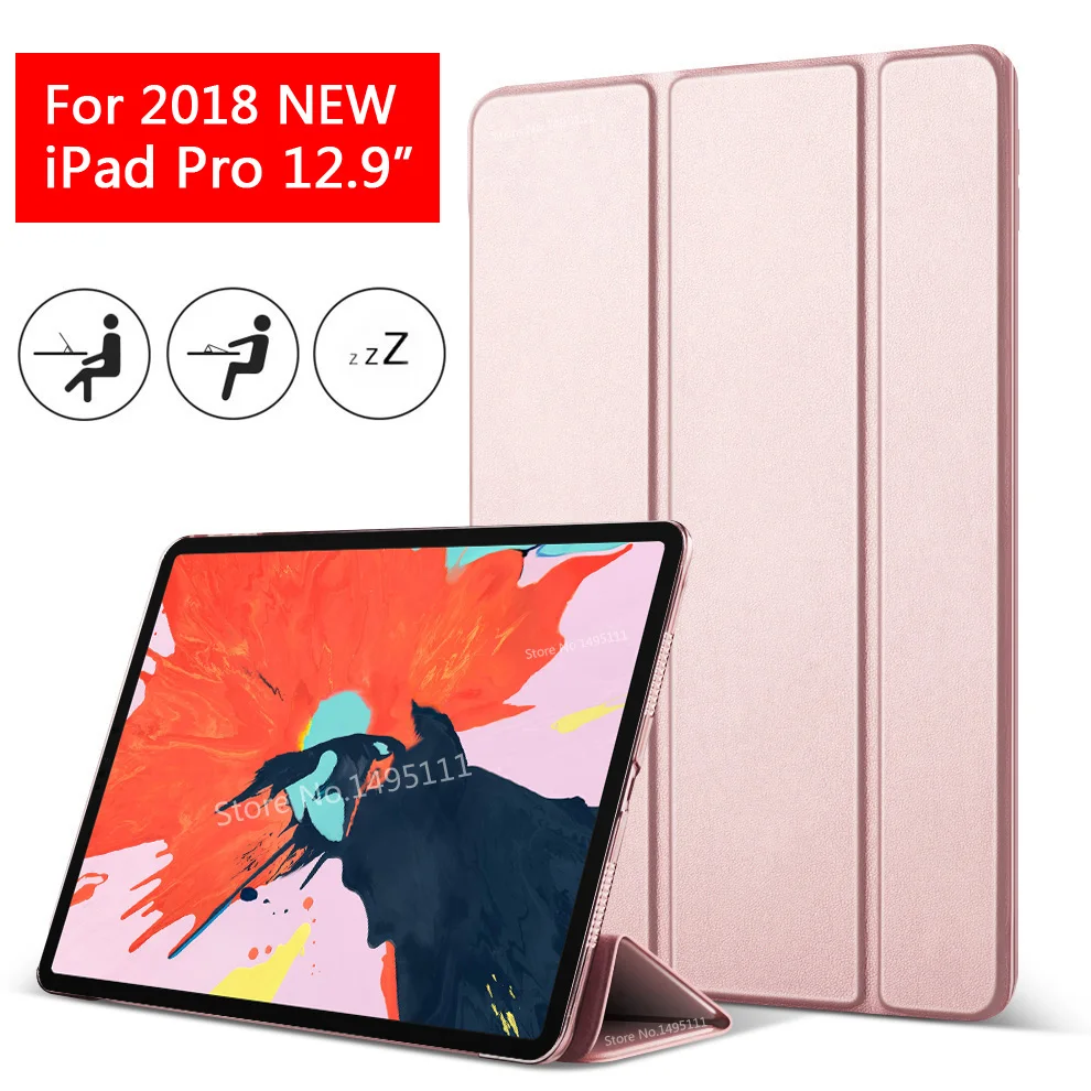 Case for iPad Pro 12.9 2018 PU Leather Transparent PC Back Ultra Slim Light Weight Trifold Smart
