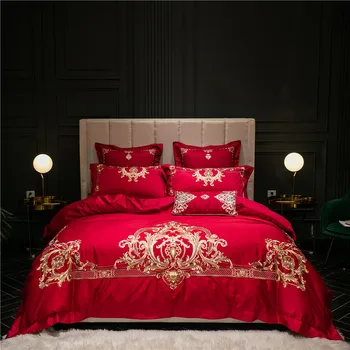 

4/6/7pcs Red Luxury Gold Royal Embroidery 100S Egyptian Cotton Wedding Bedding Set Duvet Cover Bed sheet Bed Linen Pillowcases