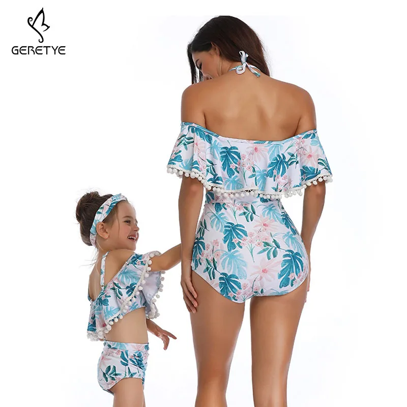 2019 Fashion Parent-child Swimwear New Floral Print Women Child Two Pieces Falbala Halter Tops Female Kid Suit Sexy Swimsuit