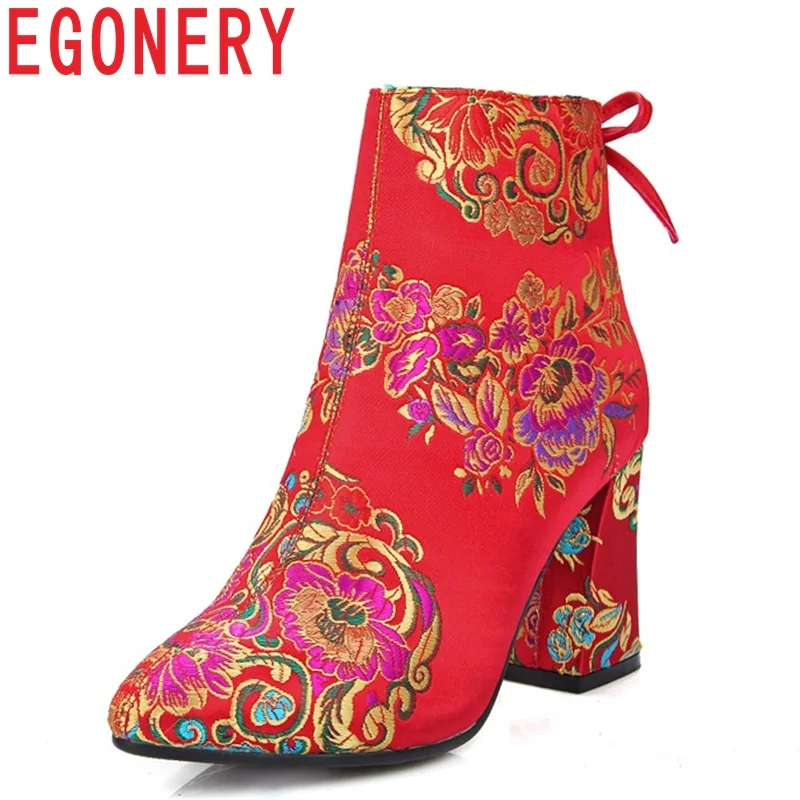 

EGONERY 2018 new hot sale wedding red silk embroider women shoes winter plush warm high square heel zip pointed toe ankle boots