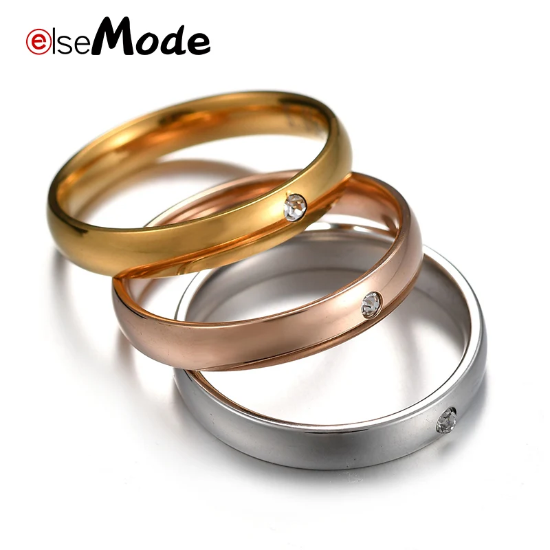 ELSEMODE Fashion 4mm Simple Zircon Crystal Wedding Engagement Rings Silver Gold Rose Gold For Women Girl Jewelry