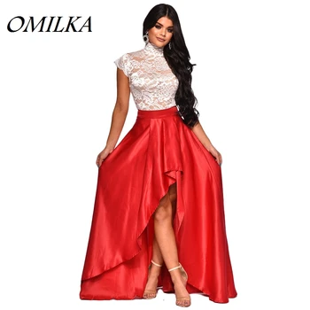 

OMILKA 2019 Autumn Women Short Sleeve Turtleneck Hi Low Dress Sexy Black Blue Red Club Party Lace Hollow Out 2 Piece Dress Set