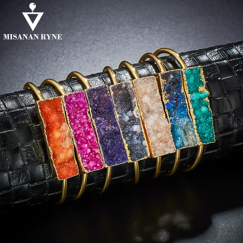 

MISANANRYNE Fashion Natural Stone Jewelry Elegent Gold Alloy Wide Spring Cuff Bracelet Bangles Statement Jewelry Bangle