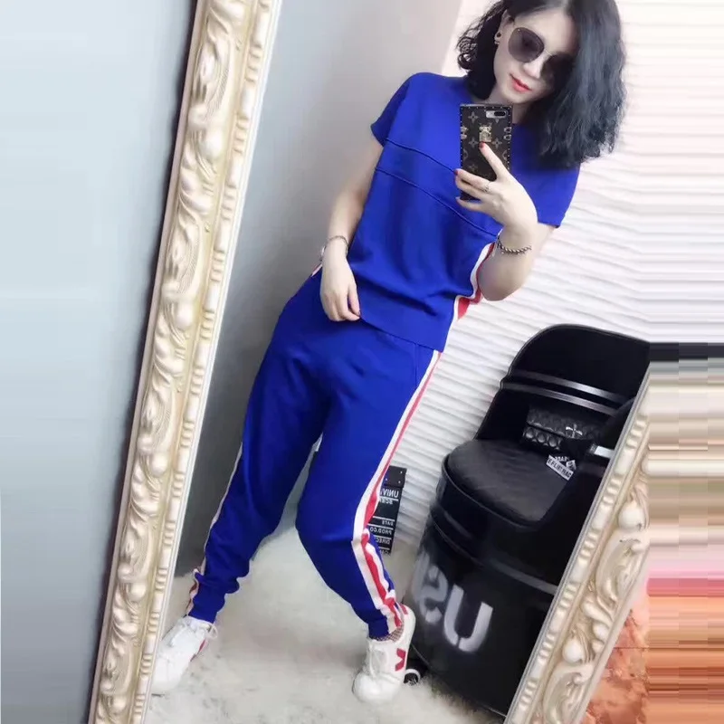 

Runway Tracksuit Knit Slim Pant Suits 2019 New Summer Elegant Fashion 2 Piece Set Women Short Sleeve Knitted Pant And Top Set