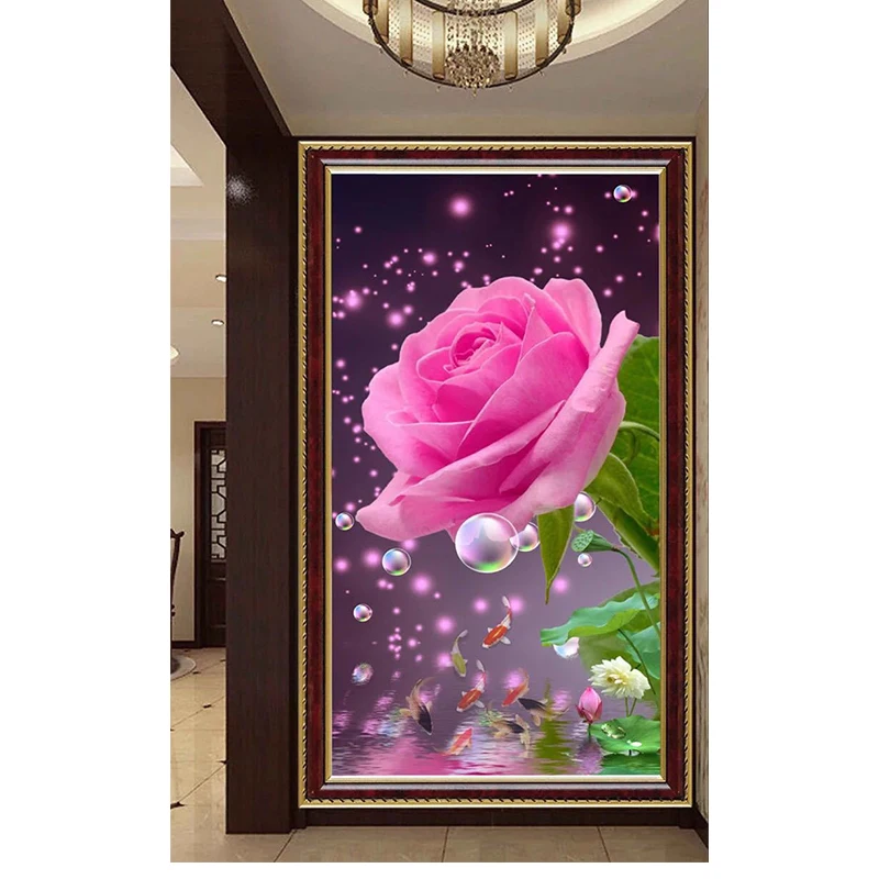 

Vertical DIY Diamond Mosaic Rose Flower And Fish Full Round Drill Diamond Painting Embroidery For Home Decoration