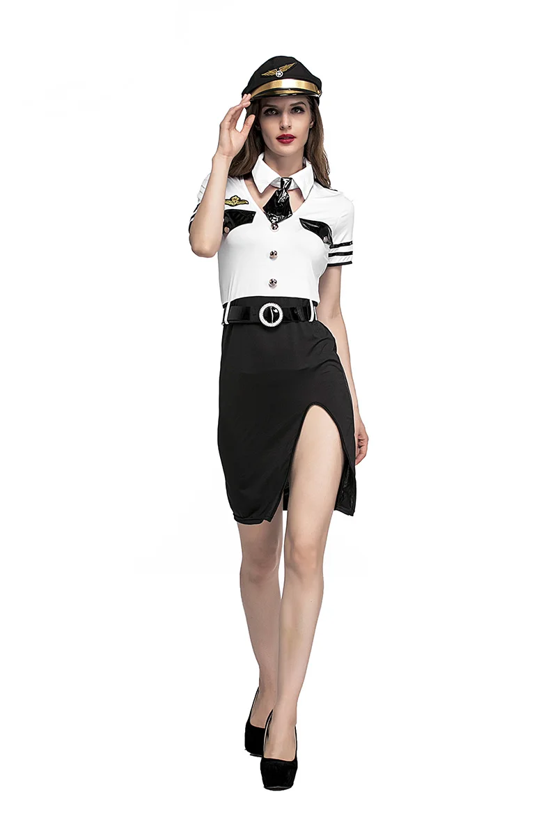 

Adult Women Halloween Sexy Pilot Attendant Costume Lady Short Fancy Outfit Uniform Erotic Games Hollow Slit Dress For Girls
