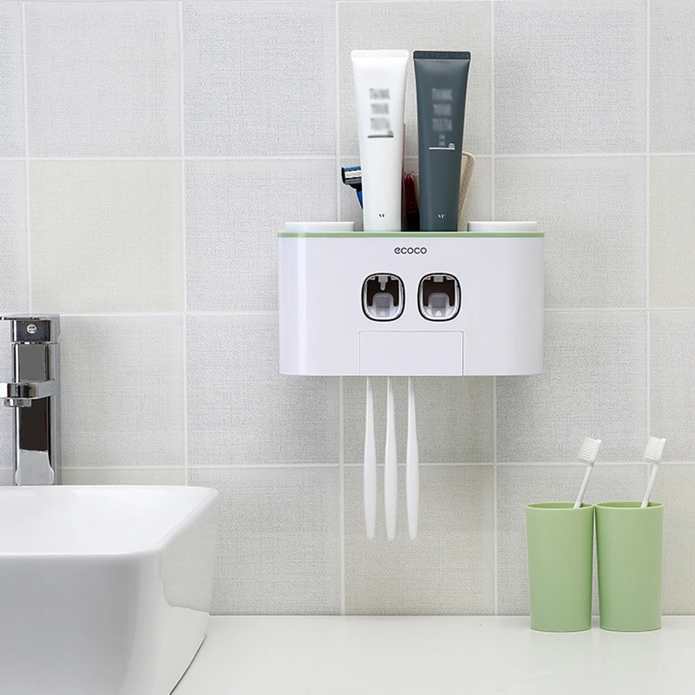 Baratos BR soporte de pared dispensador automático de pasta de dientes juego de accesorios de baño estante de almacenamiento multifuncional con 4 tazas