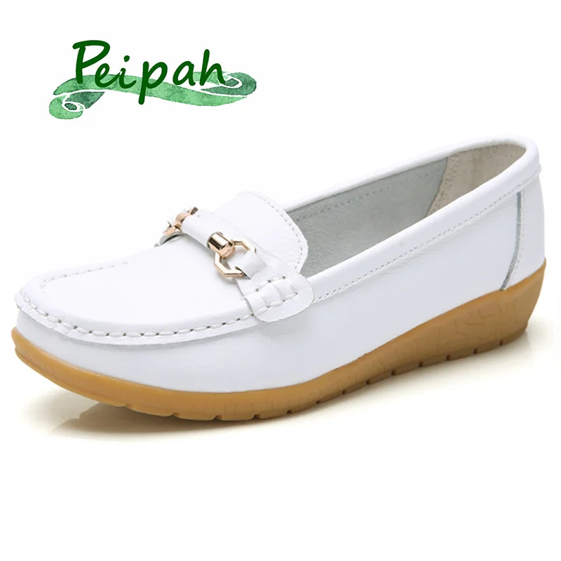 

PEIPAH Summer Genuine Leather Women Shoes Shallow Soft Bottom Metal Decoration Mother Flats Loafers Casual Wild Nurse Shoes