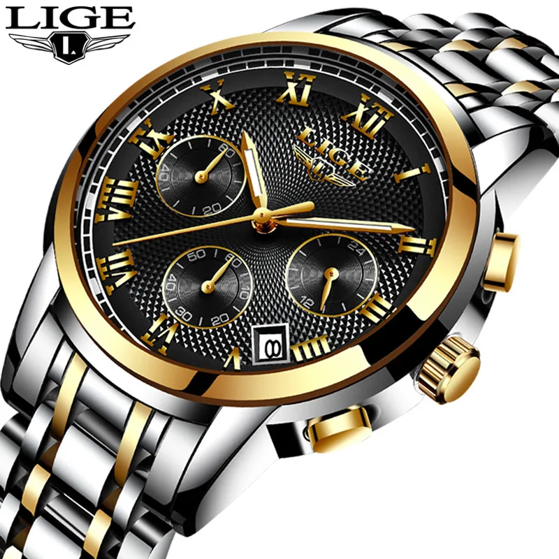 

Mens Watches Top Brand LIGE Luxury Chronograph Sport CasualQuartz Watch Men Full Steel Fashion Gold Wristwatch Relogio Masculino