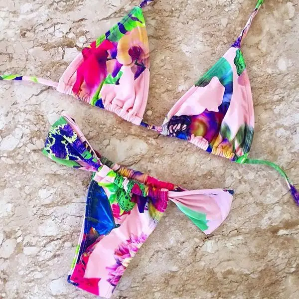 New Women Bikini Gather Small Chest Split Swimsuit Printed Bikini Set