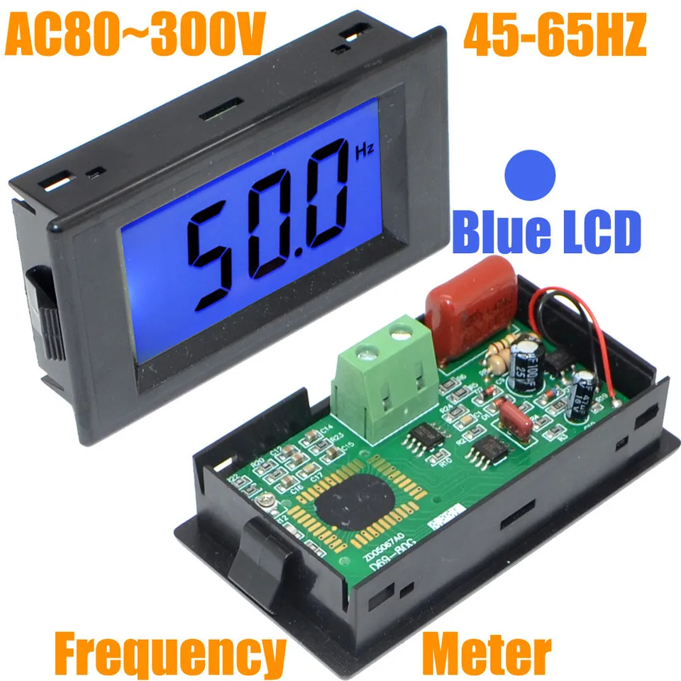D69-Hz AC80-300V Digital Blue LCD Display Frequency Meter Tester 10Hz-199.9Hz