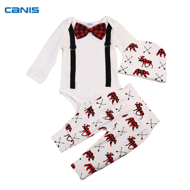 

3pcs Hot Sale Baby Autumn Clothes Set Newborn Baby Boys Cotton Soft Gentleman Romper+Deer Pants+Hat 2017 New bebes Outfits 0-24M