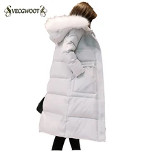 Новые зимние женские длинные утолщенные тонкие теплые однотонные колен с большим меховым воротником модные пуховики пальто WYT193