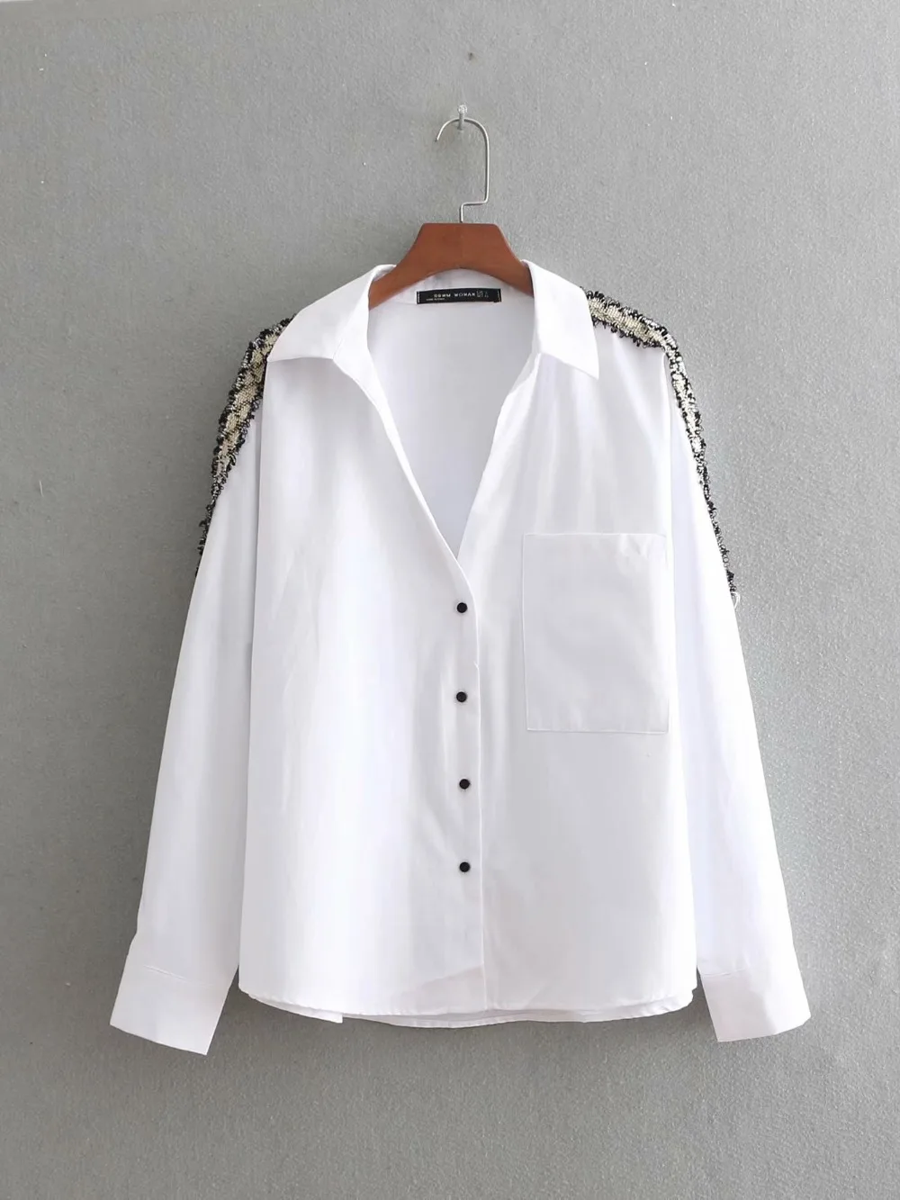

women fashion shoulder tweed woolen patchwork white smock shirt blouses women chic feminina blusas office business tops