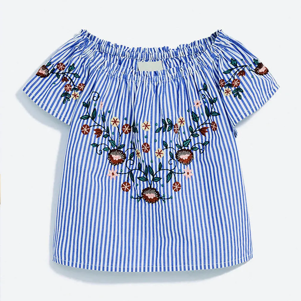 

1-6Y Toddler Baby Girl Stripe Ruffle Embroidery Flower T-shirt Outfit Clothes Summer 2019 Children Tshirt