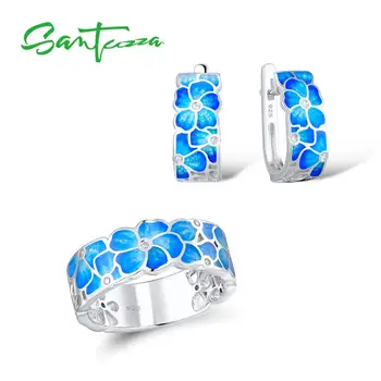 

Santuzza Jewelry Set HANDMADE Colorful Enamel White CZ Stones Flower Ring Earrings 925 Sterling Silver Women Fashion Jewelry Set