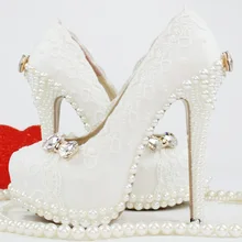 Spring and summer woman aesthetic crystal bow pearl shoes wedding shoes bridal white lace party shoe platform big size shoe
