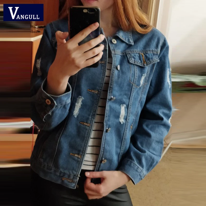wonderful  Women Basic Coat Hole Denim Jacket 2019 Spring Autumn Casual New Long Sleeve Jean Jacket Loose Fit 