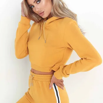 

OUBINEW Tracksuit Women Set Hoodies Crop Top Cotton Sweatshirt+Side Stripe Pants Hooded 2 Pieces Sets Women Clothing Suits