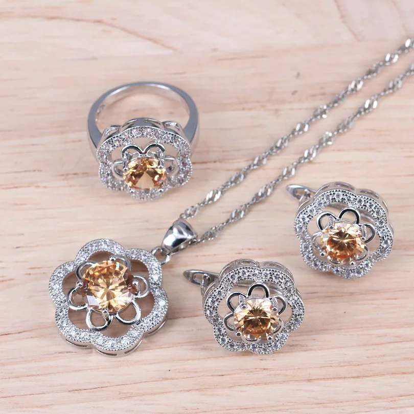 

Orange Morganite 925 Sterling Silver Fashion Jewelry Sets For Women Cubic Zirconia Necklace Earrings Ring Pendants