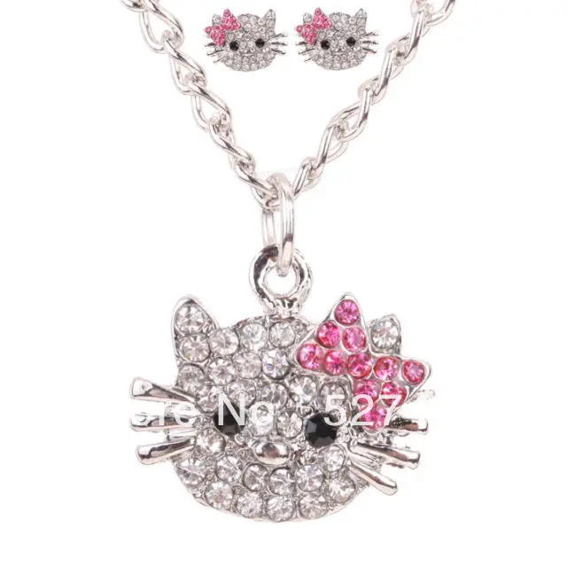 

Hot sell Noble- hot sell new - Wholesale Whosale Full Crystal Silver Plated KITTY Cat Stud Earrings Necklace Set Women (A0425)