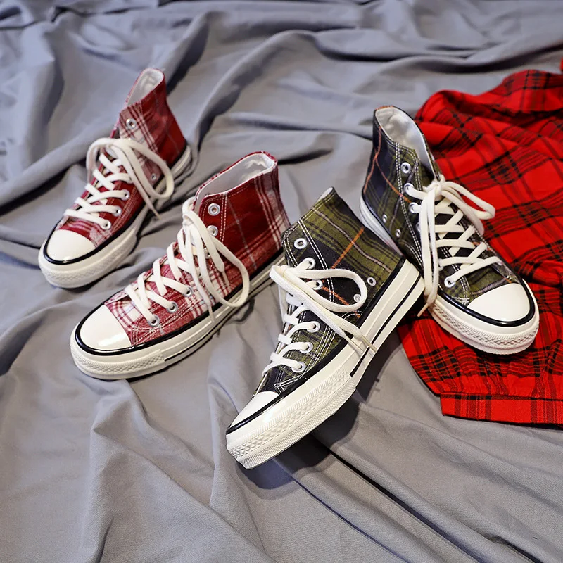 

Vintage plaid high-top Women Canvas Shoes basket femme unisex vulcanized shoes Women Sneakers flats zapatos de mujer