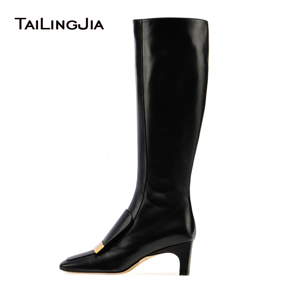

Black Knee High Boots Women Long Boots Side Zipper Comfortable Decoration Strange Heel Square Toe Winter Warm Shoe Free Shipping