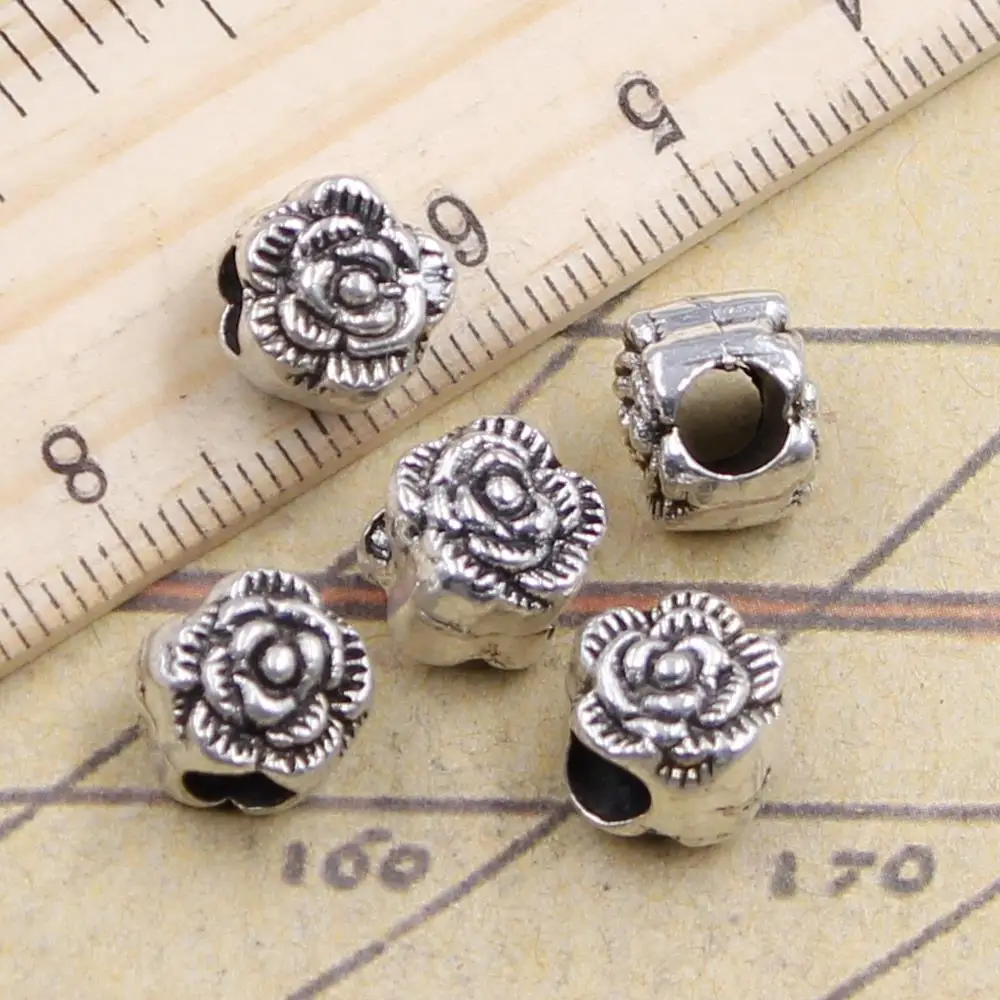 

10pcs Beads flower rose 4.5mm big hole Vintage Charms European pendant fit for bracelet DIY Antique Silver Fit Making
