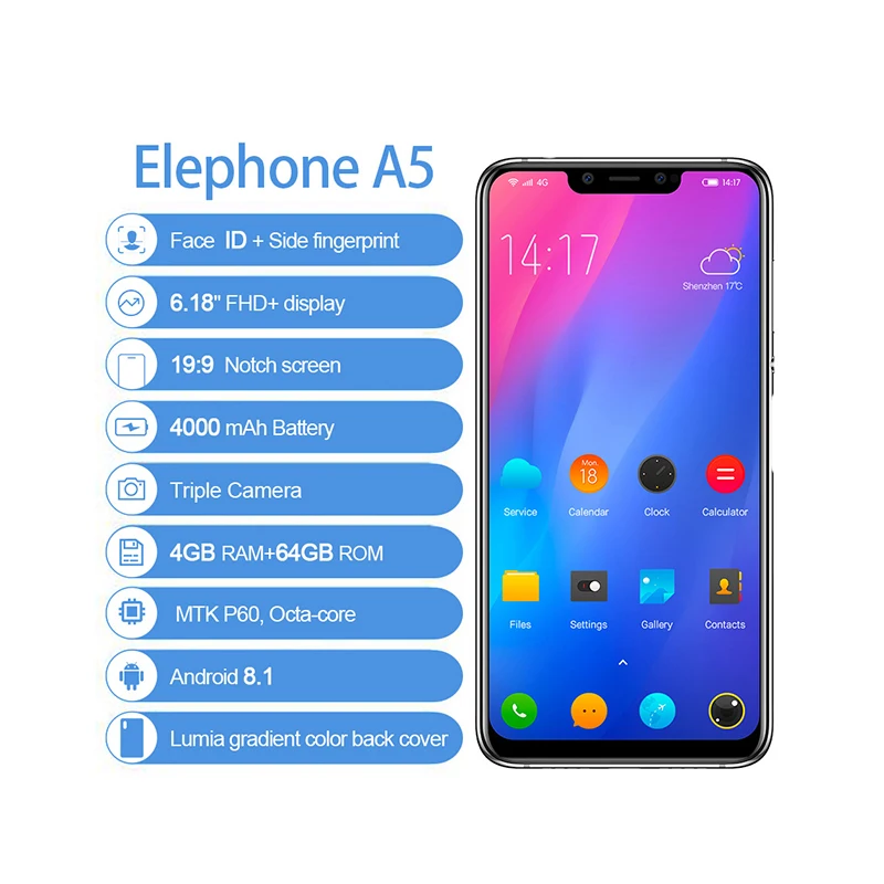 Мобильный телефон Elephone A5, 6 ГБ, 64 ГБ, Android 8,1, MTK6771, четыре ядра, 6,18 дюймов, FHD+ u-образный экран, камера 20 МП, 4000 мАч, 4G, смартфон