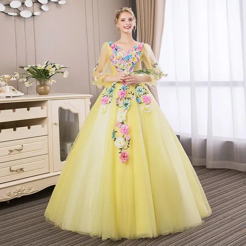 Trajes De Quinceaneras New Yellow V Neck Long Sleeve Quinceanera Dresses Lace Flower Plus Size Custom Made Prom Gown L - Цвет: Цвет: желтый