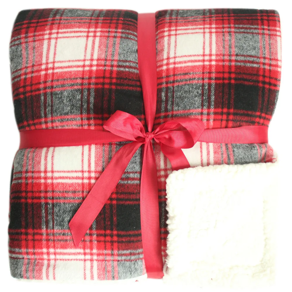 Promotion Warm and Soft Plaid with Sherpa Throw Red with Black Blanket