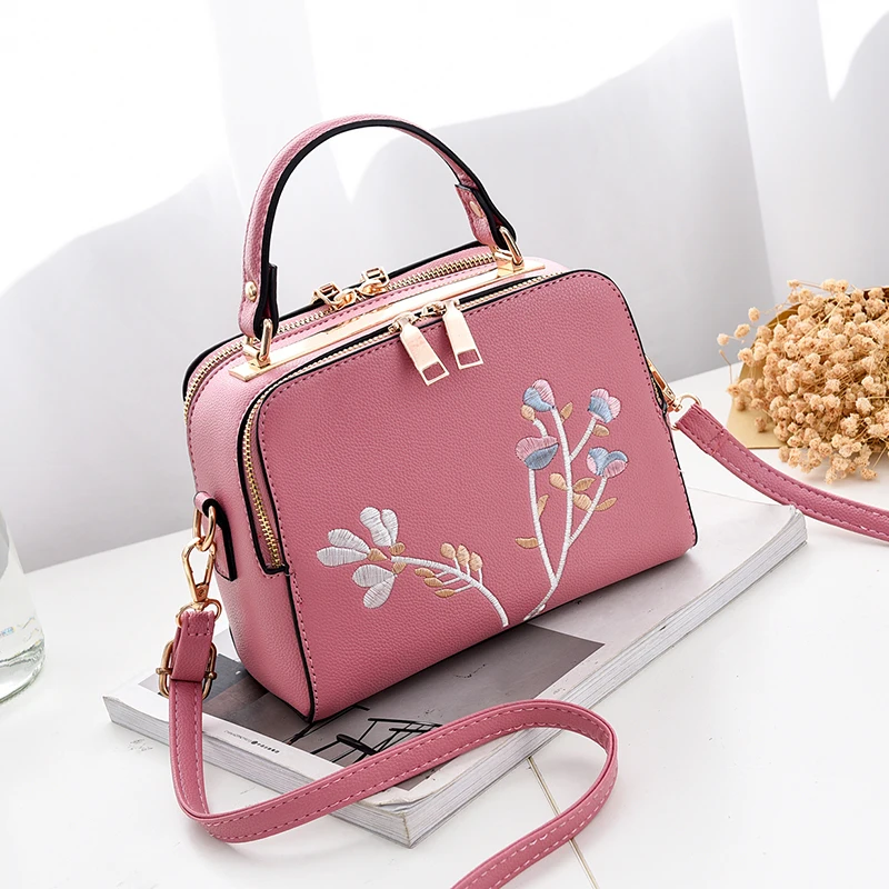 Роскошная женская кожаная сумка, женская сумка-мессенджер, женская кожаная сумка на плечо, женская сумка с вышитыми цветами, милая сумка-тоут - Цвет: Розовый
